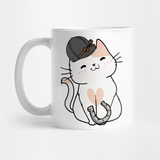 Funny white cat is ready to ride a horse Mug